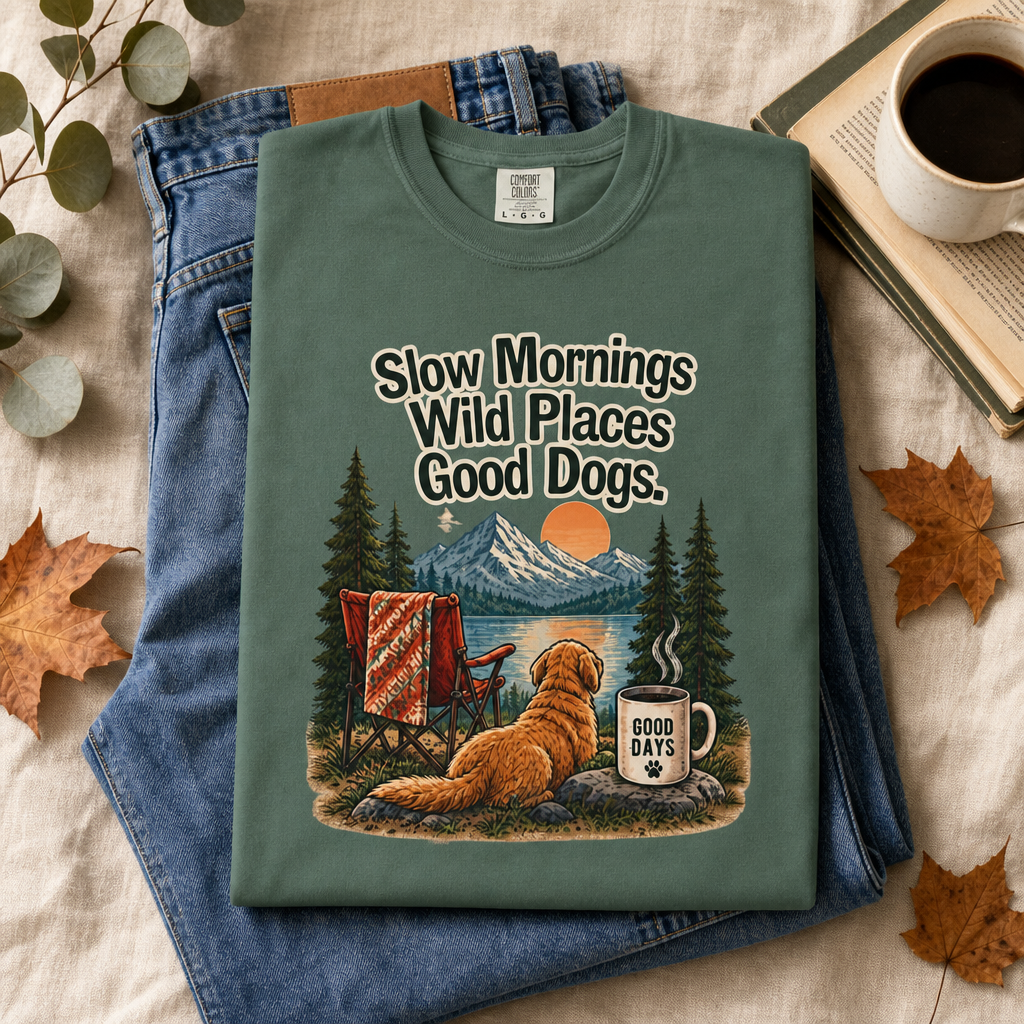 Slow Mornings Wild Places Good Dogs T-Shirt | Outdoor Tee