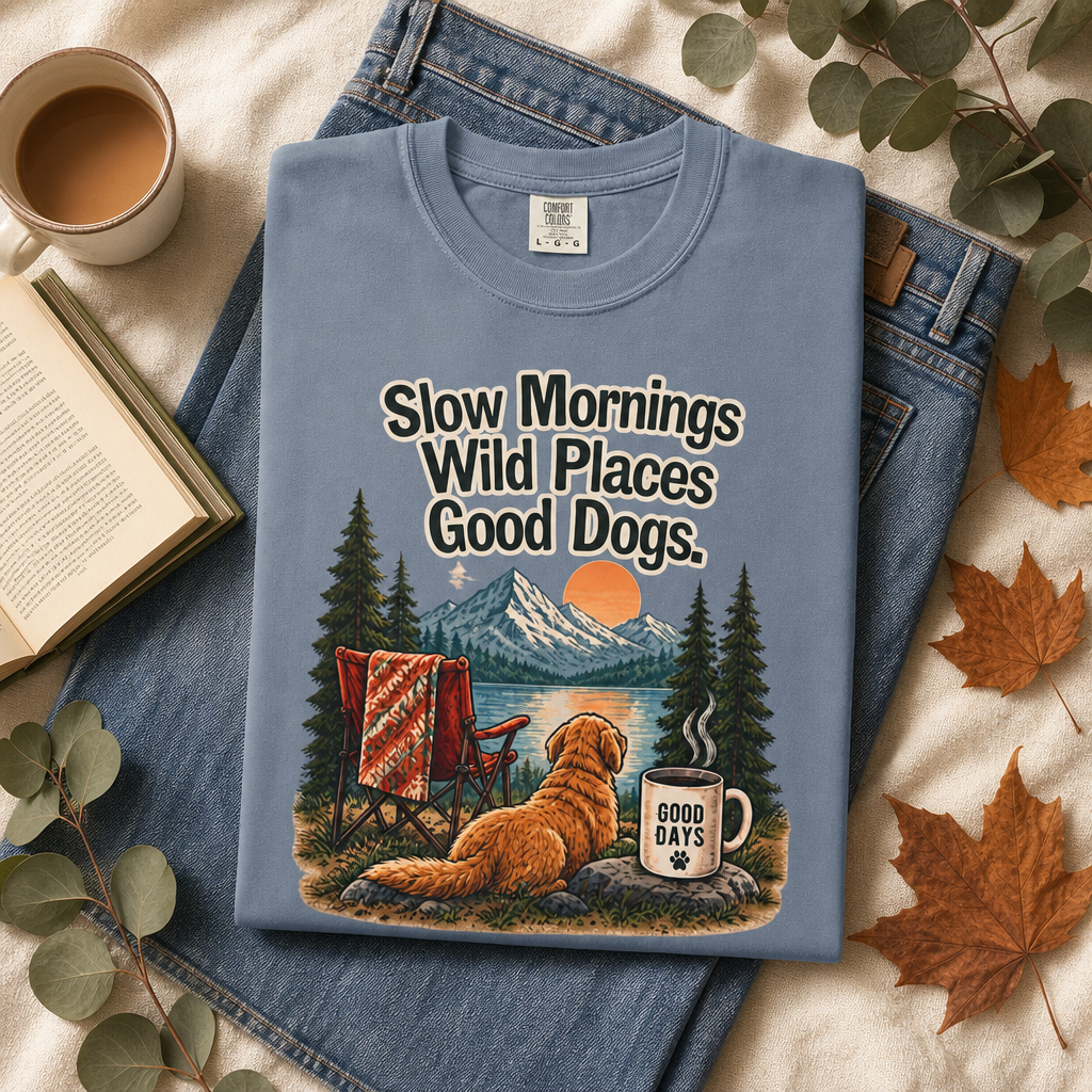 Slow Mornings Wild Places Good Dogs T-Shirt | Outdoor Tee