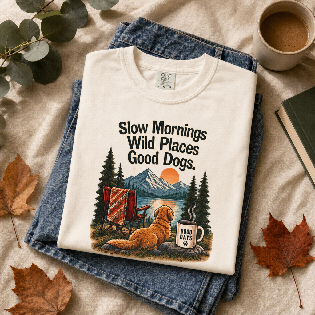 Slow Mornings Wild Places Good Dogs T-Shirt | Outdoor Tee