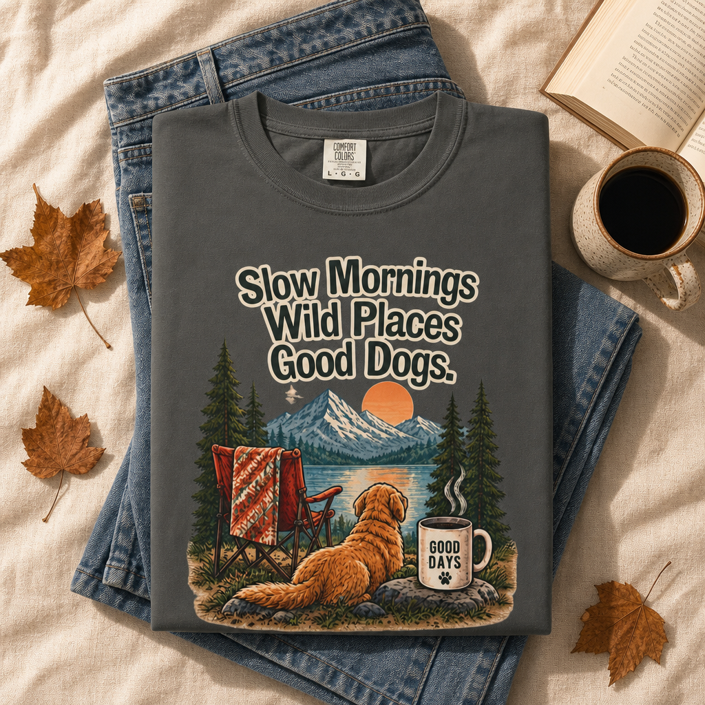 Slow Mornings Wild Places Good Dogs T-Shirt | Outdoor Tee