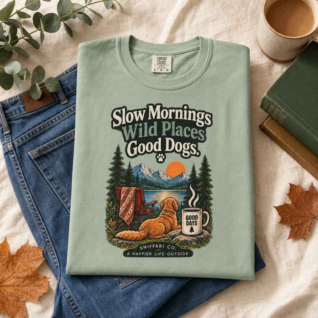 Slow Mornings Wild Places Good Dogs T-Shirt | Outdoor Tee Light