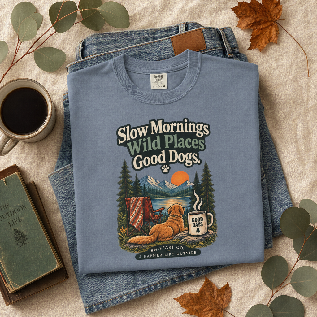 Slow Mornings Wild Places Good Dogs T-Shirt | Outdoor Tee Light