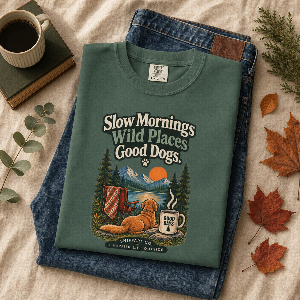 Slow Mornings Wild Places Good Dogs T-Shirt | Outdoor Tee Light