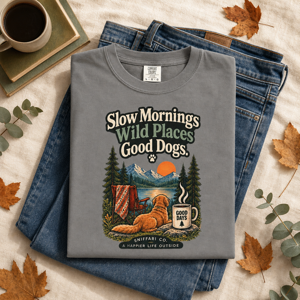 Slow Mornings Wild Places Good Dogs T-Shirt | Outdoor Tee Light