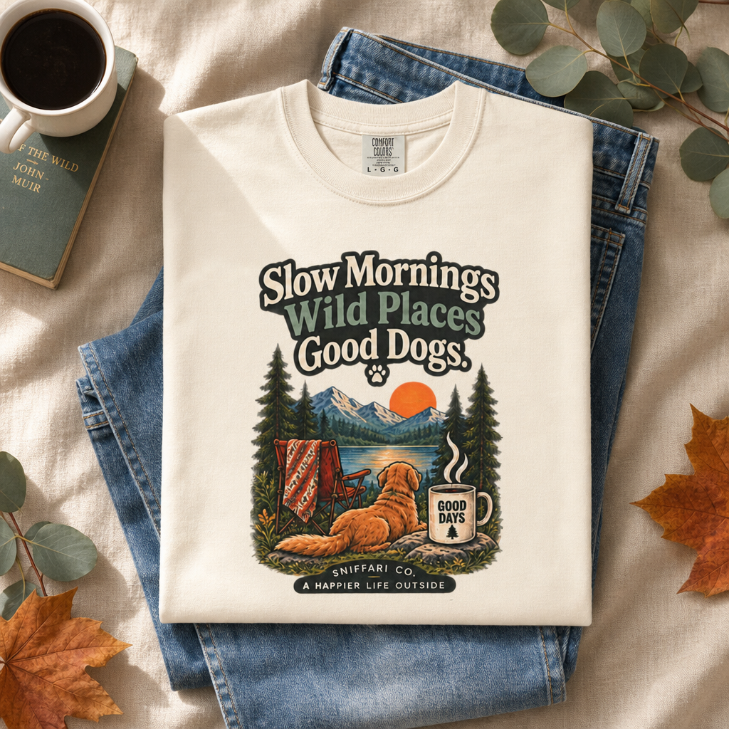 Slow Mornings Wild Places Good Dogs T-Shirt | Outdoor Tee Light