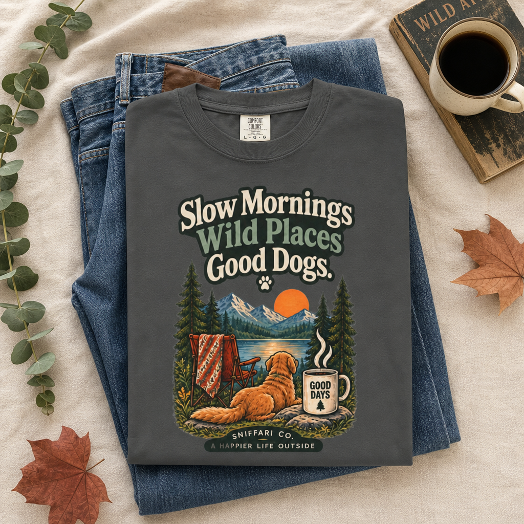 Slow Mornings Wild Places Good Dogs T-Shirt | Outdoor Tee Light