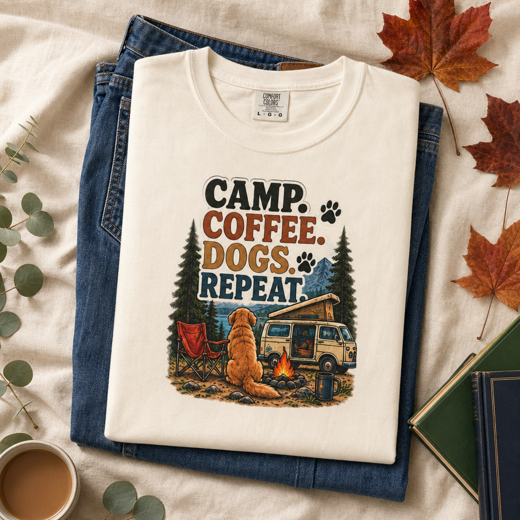 Camp Coffee Dogs Repeat T-Shirt | Camping & Dog Lover Tee Dark