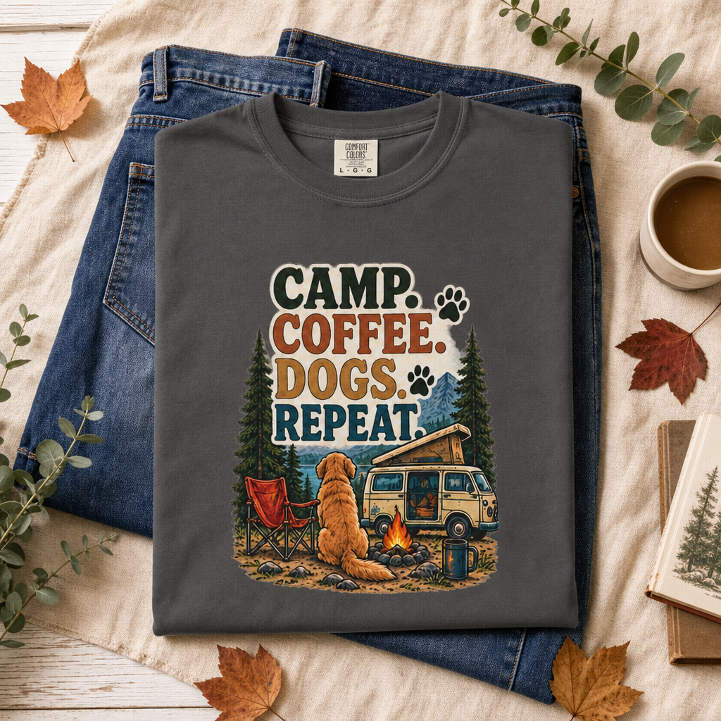 Camp Coffee Dogs Repeat T-Shirt | Camping & Dog Lover Tee Dark