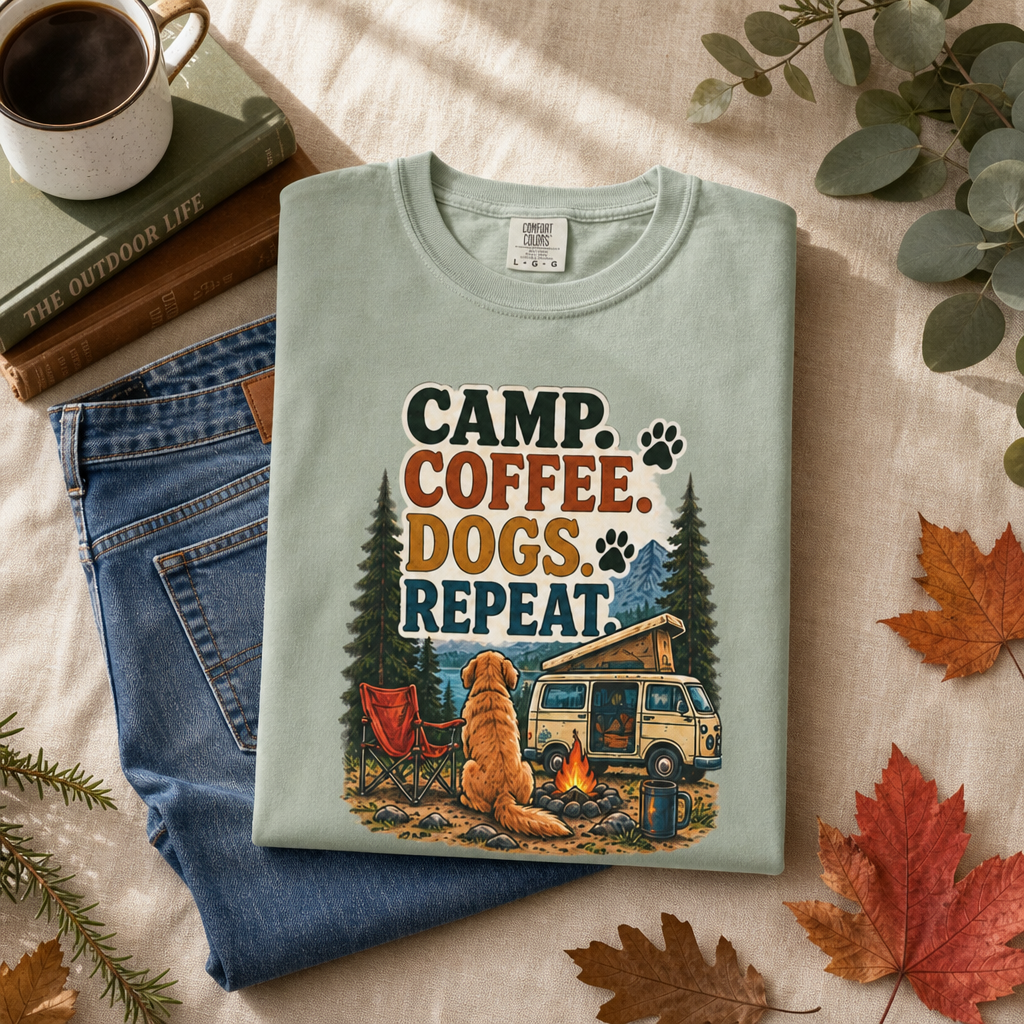 Camp Coffee Dogs Repeat T-Shirt | Camping & Dog Lover Tee Dark