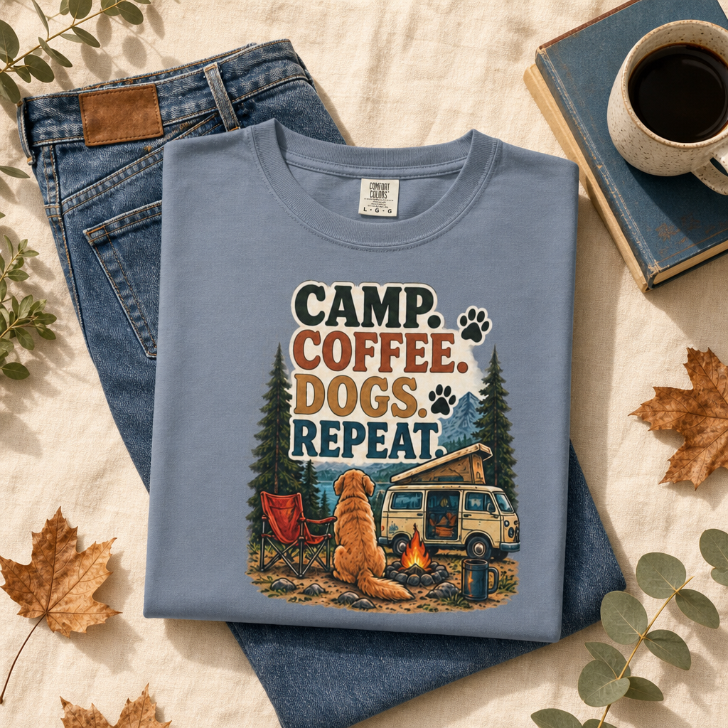 Camp Coffee Dogs Repeat T-Shirt | Camping & Dog Lover Tee Dark