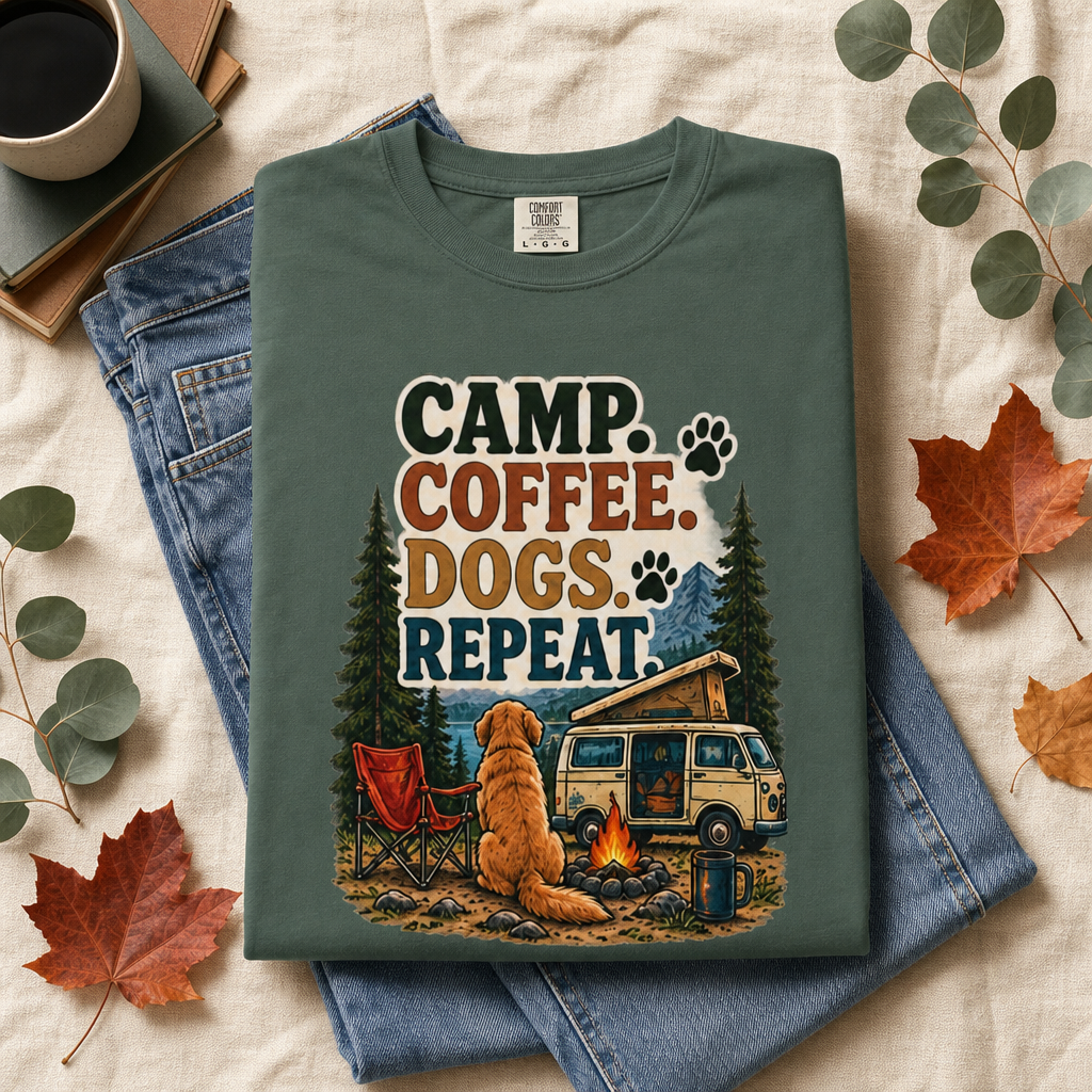 Camp Coffee Dogs Repeat T-Shirt | Camping & Dog Lover Tee Dark