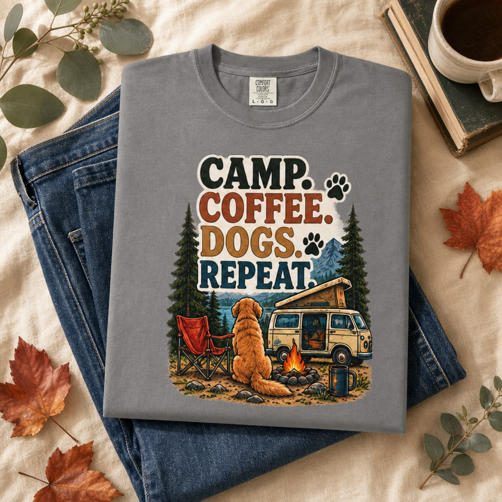 Camp Coffee Dogs Repeat T-Shirt | Camping & Dog Lover Tee Dark