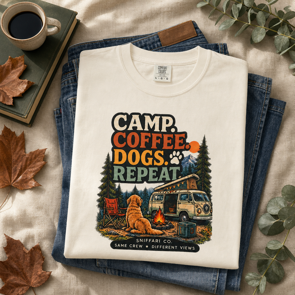 Camp Coffee Dogs Repeat T-Shirt | Camping & Dog Lover Tee Light