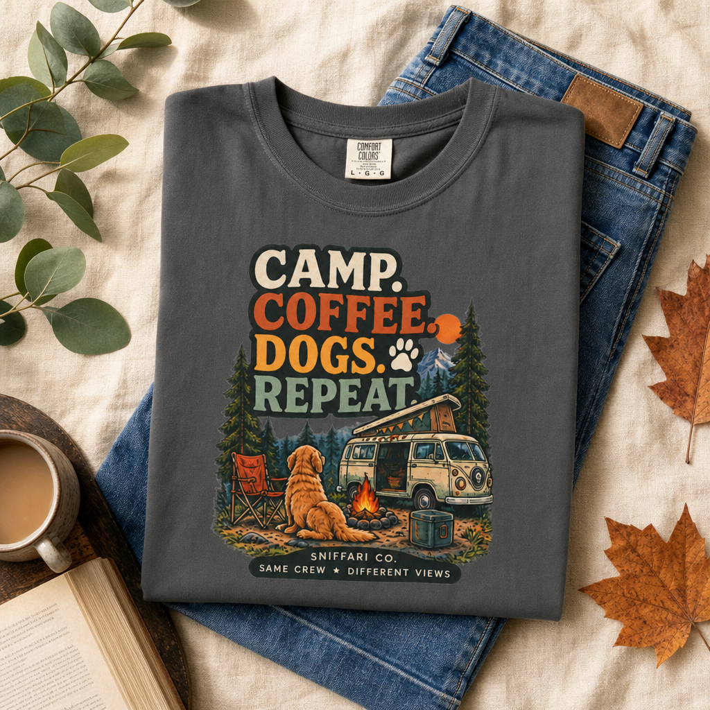 Camp Coffee Dogs Repeat T-Shirt | Camping & Dog Lover Tee Light