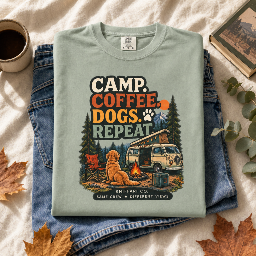Camp Coffee Dogs Repeat T-Shirt | Camping & Dog Lover Tee Light