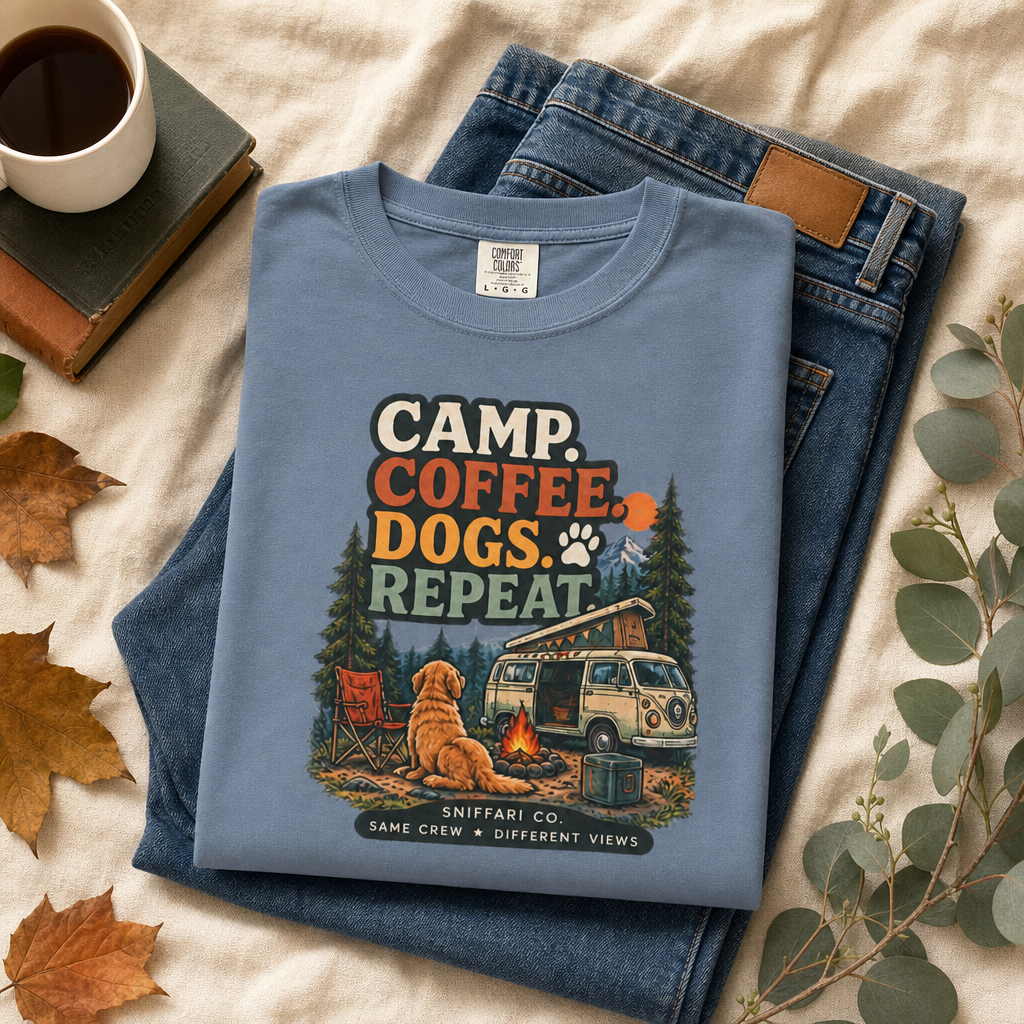Camp Coffee Dogs Repeat T-Shirt | Camping & Dog Lover Tee Light