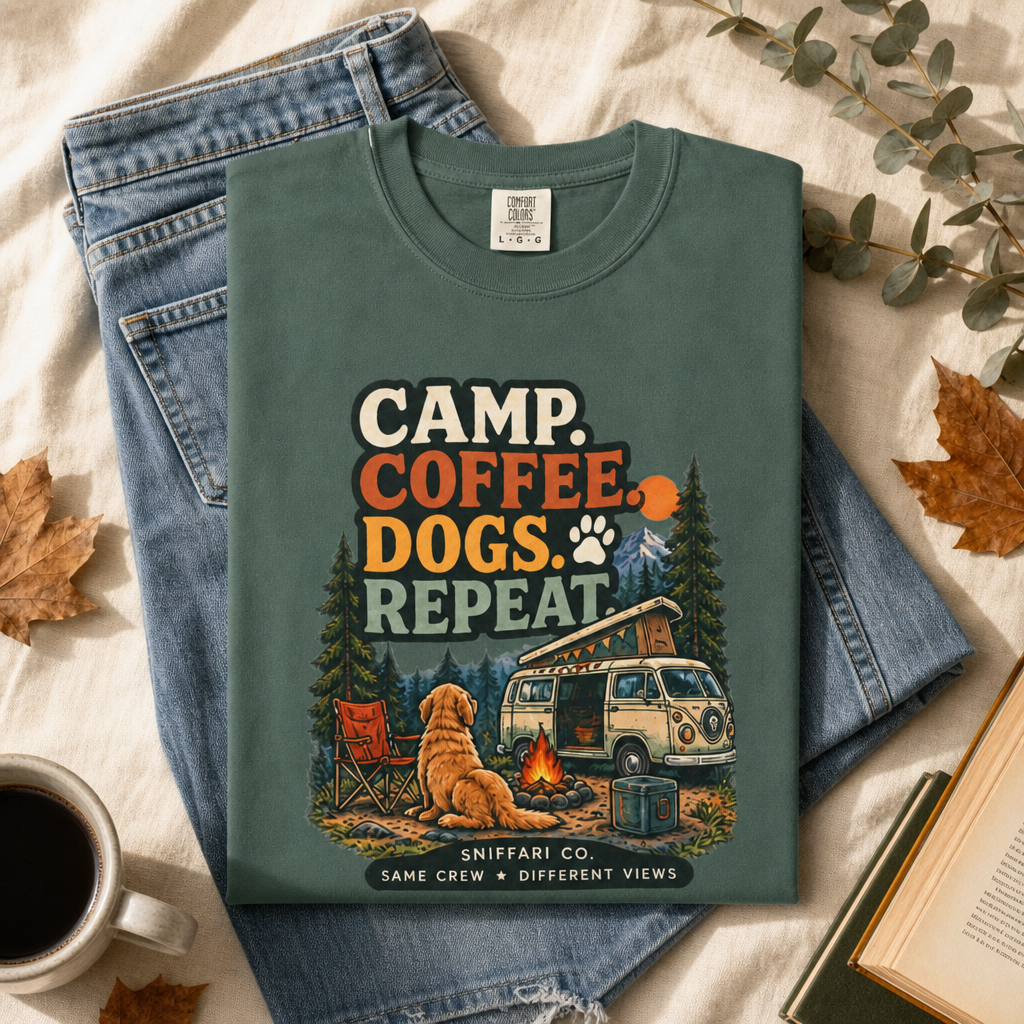 Camp Coffee Dogs Repeat T-Shirt | Camping & Dog Lover Tee Light