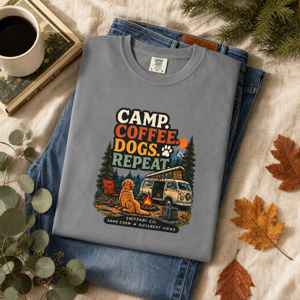 Camp Coffee Dogs Repeat T-Shirt | Camping & Dog Lover Tee Light