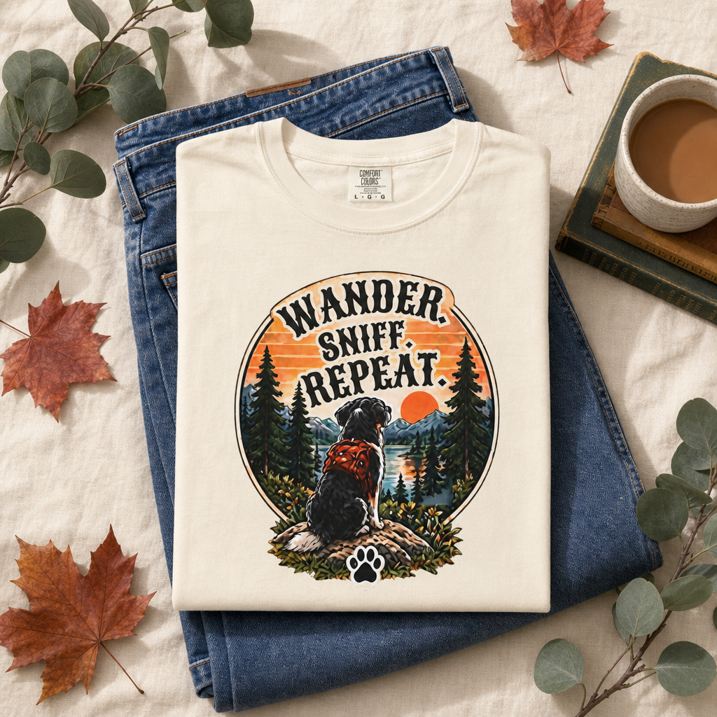 Wander Sniff Repeat Dog T-Shirt | Retro Outdoor Tee Dark