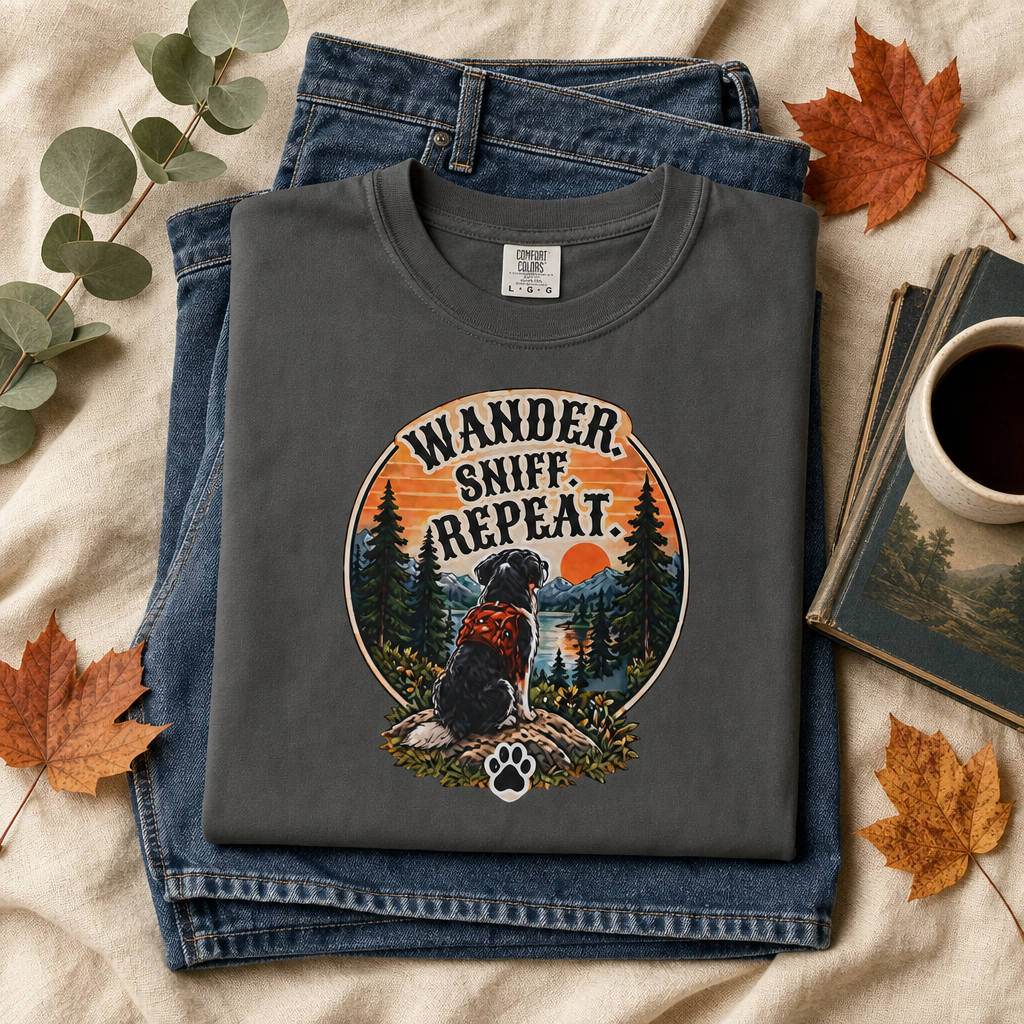 Wander Sniff Repeat Dog T-Shirt | Retro Outdoor Tee Dark