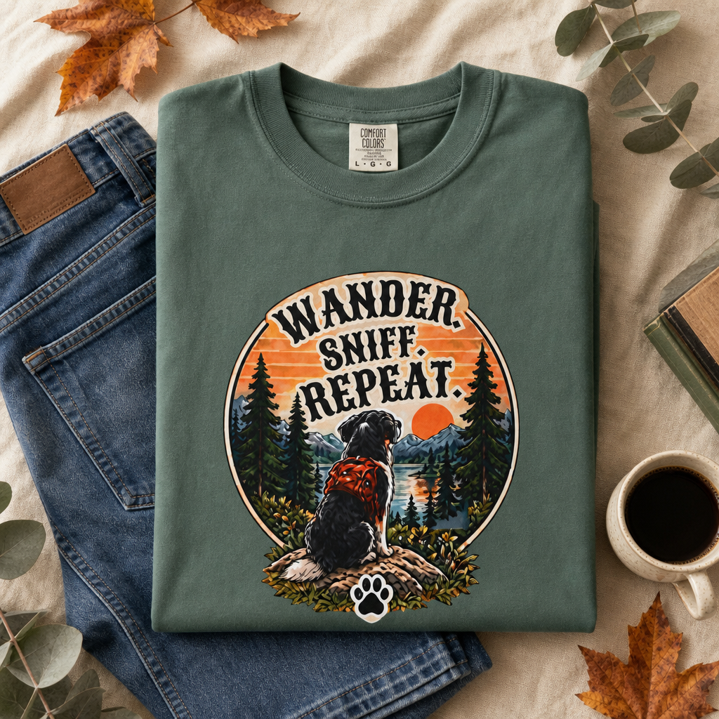 Wander Sniff Repeat Dog T-Shirt | Retro Outdoor Tee Dark