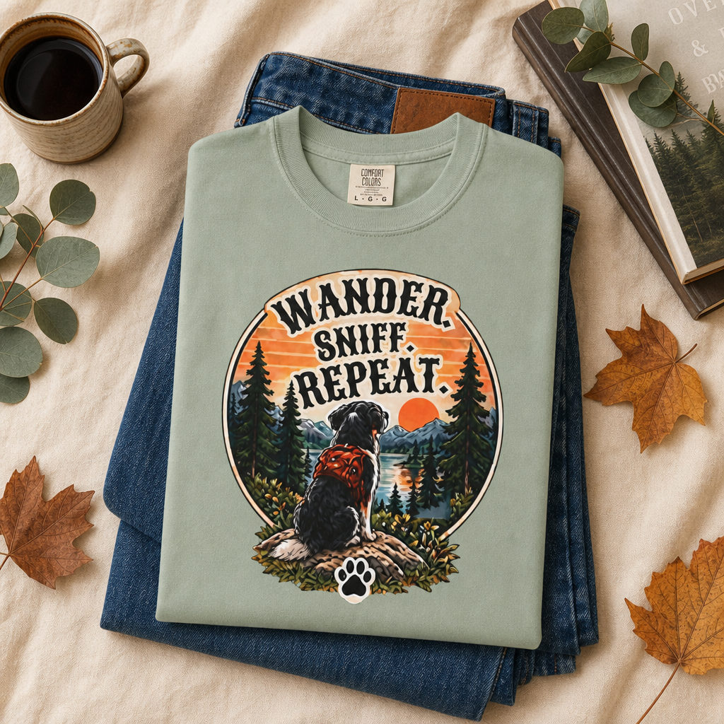 Wander Sniff Repeat Dog T-Shirt | Retro Outdoor Tee Dark