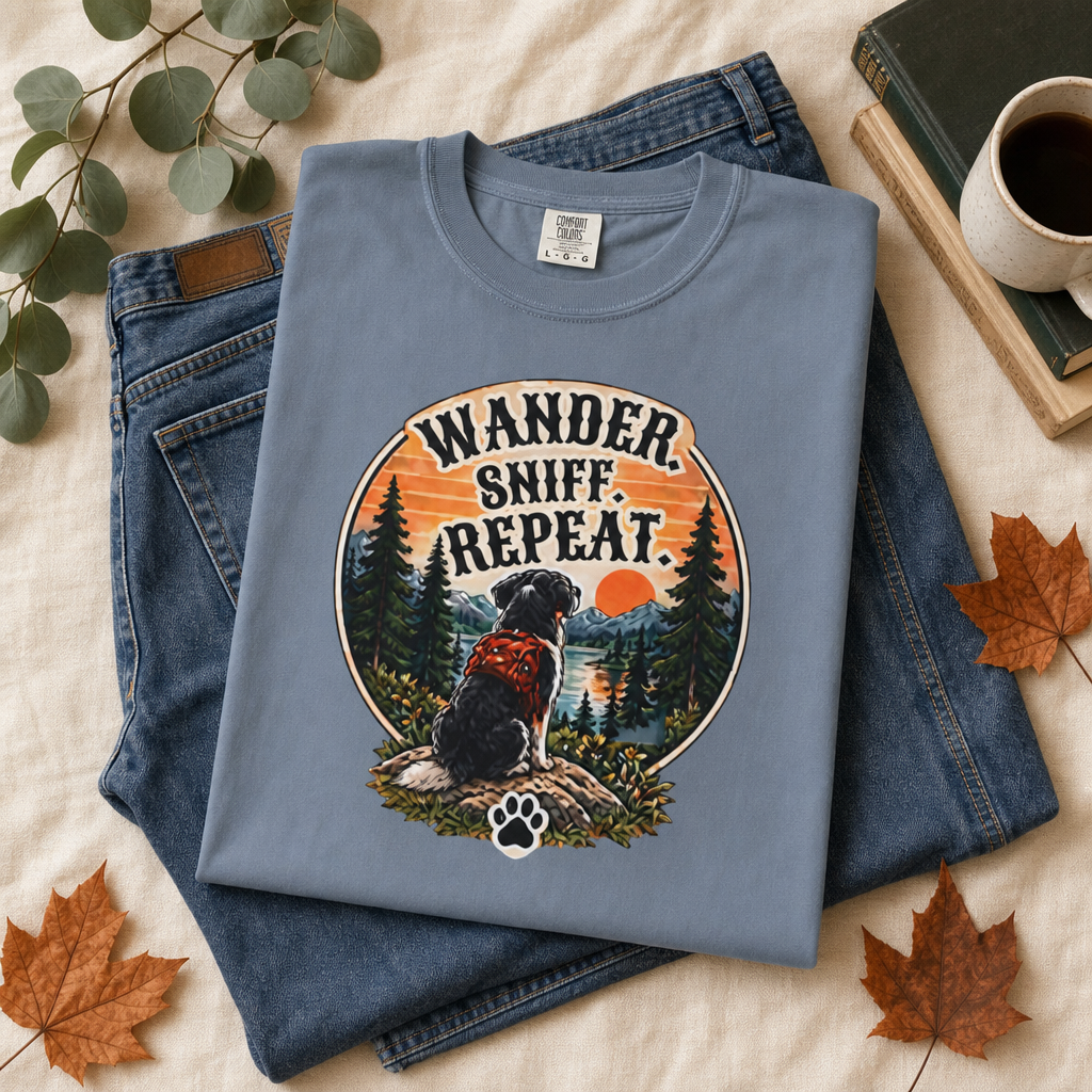 Wander Sniff Repeat Dog T-Shirt | Retro Outdoor Tee Dark