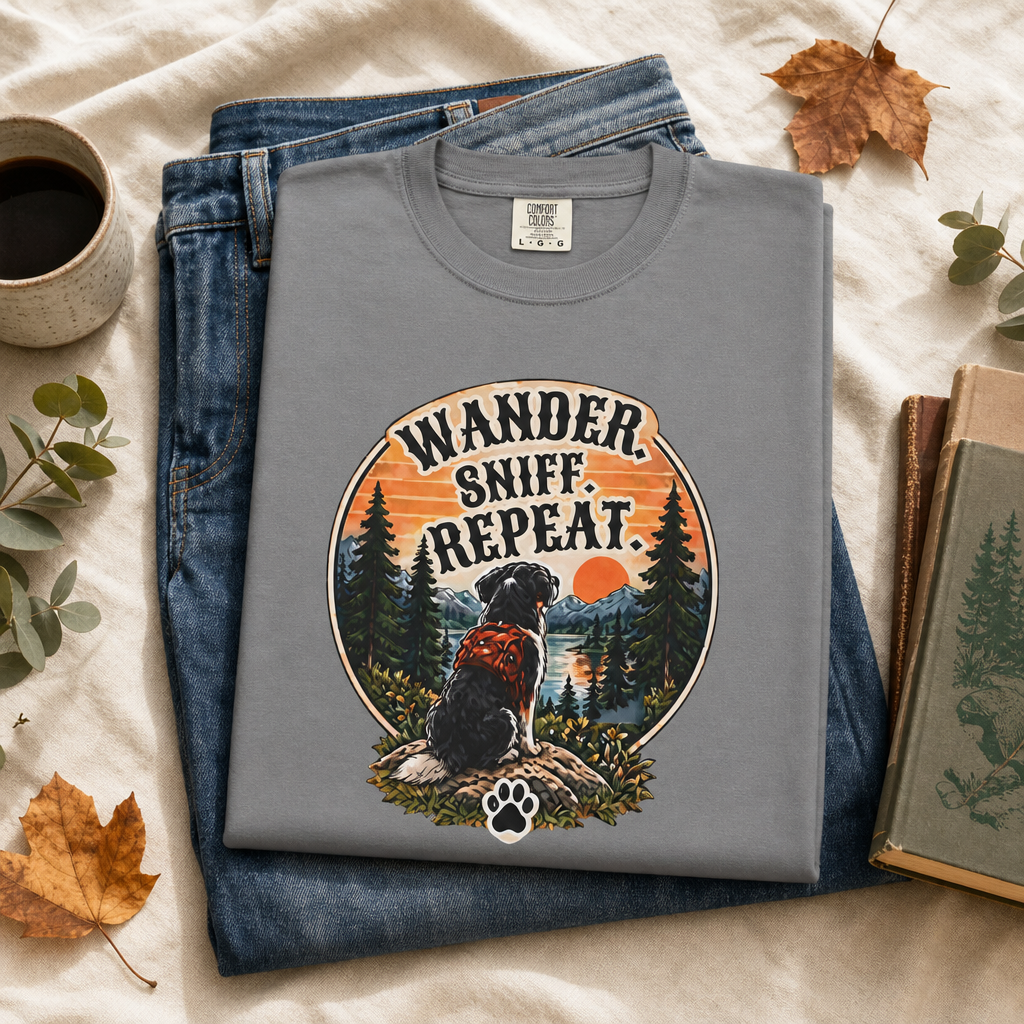 Wander Sniff Repeat Dog T-Shirt | Retro Outdoor Tee Dark