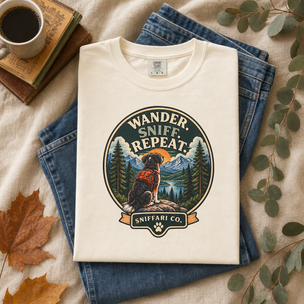 Wander Sniff Repeat Dog T-Shirt | Retro Outdoor Tee Light