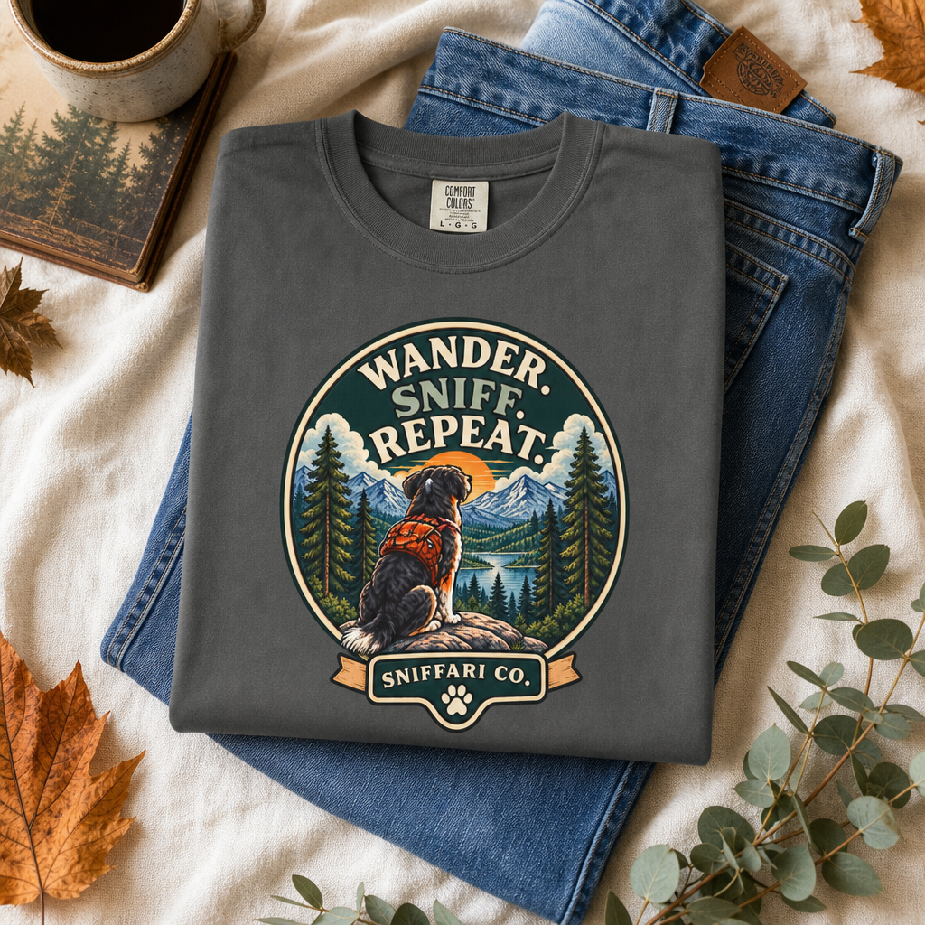 Wander Sniff Repeat Dog T-Shirt | Retro Outdoor Tee Light
