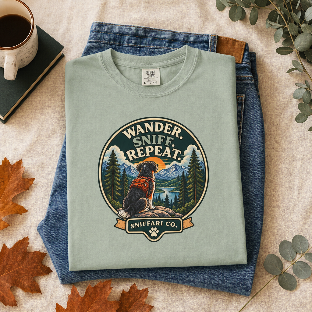 Wander Sniff Repeat Dog T-Shirt | Retro Outdoor Tee Light