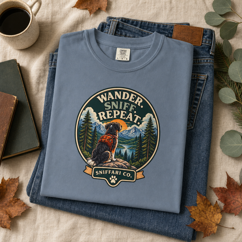 Wander Sniff Repeat Dog T-Shirt | Retro Outdoor Tee Light