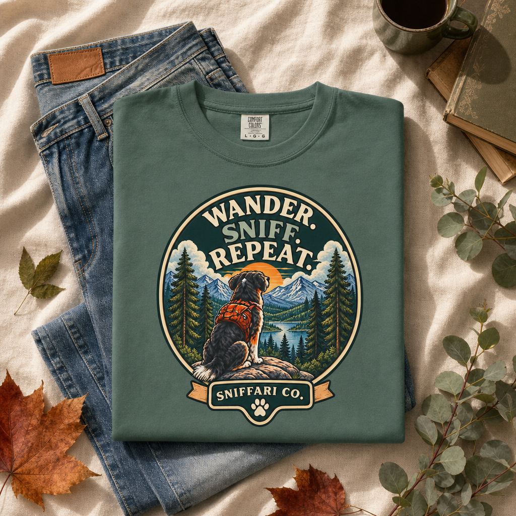 Wander Sniff Repeat Dog T-Shirt | Retro Outdoor Tee Light