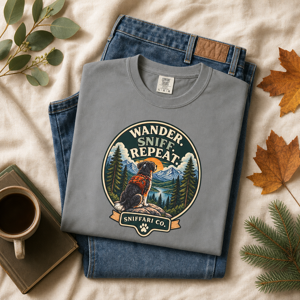 Wander Sniff Repeat Dog T-Shirt | Retro Outdoor Tee Light