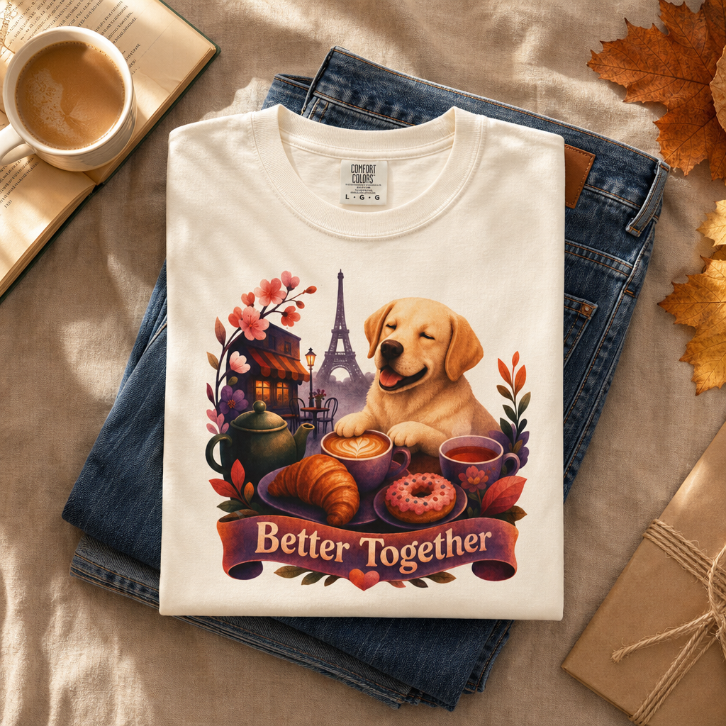 Better Together Labrador T-Shirt | Retro Dog, Coffee & Café Tee