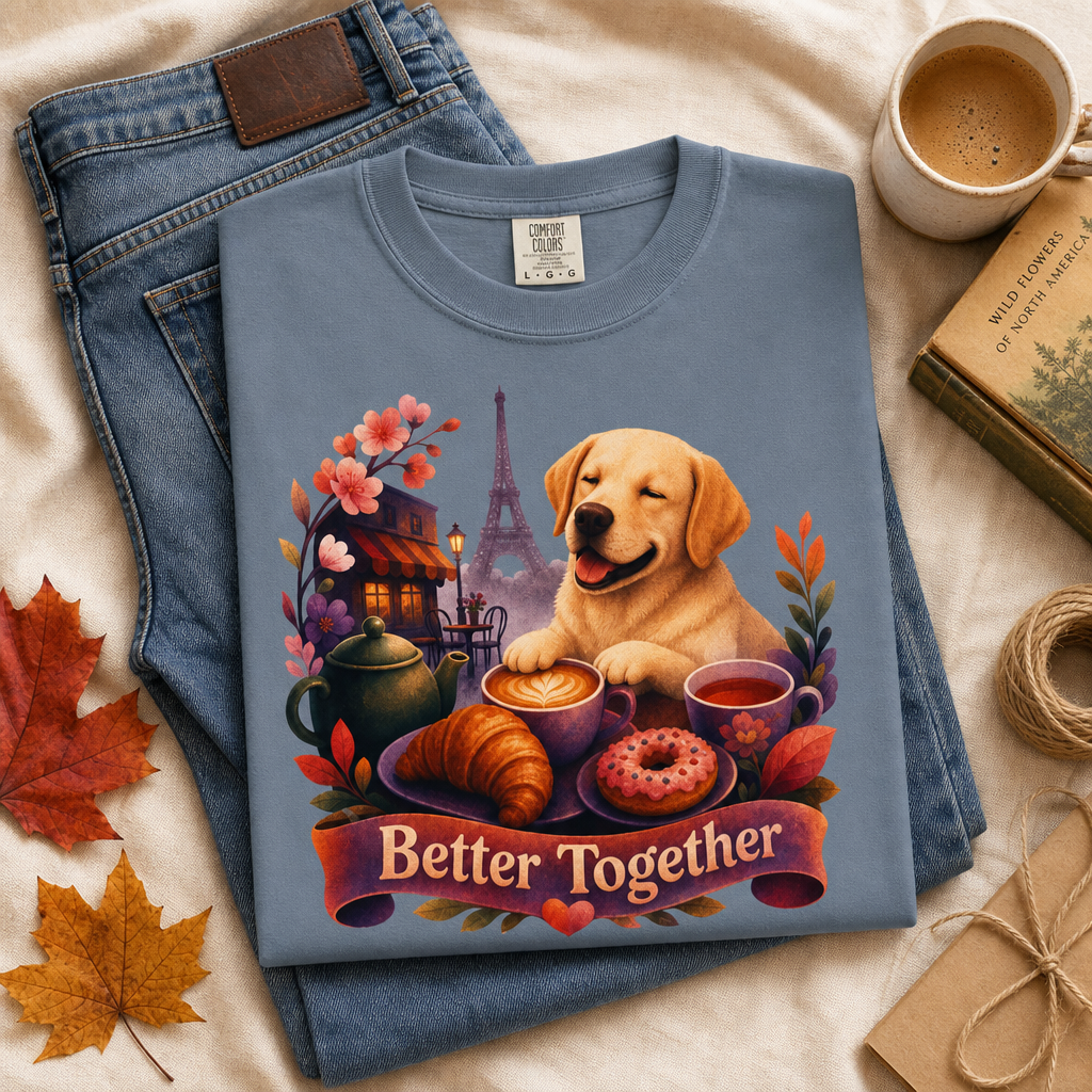 Better Together Labrador T-Shirt | Retro Dog, Coffee & Café Tee