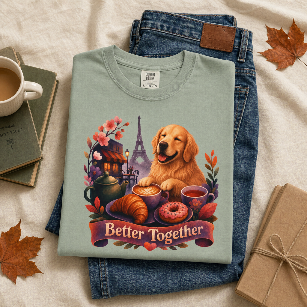 Better Together Golden Retriever T-Shirt | Retro Dog, Coffee & Café Tee