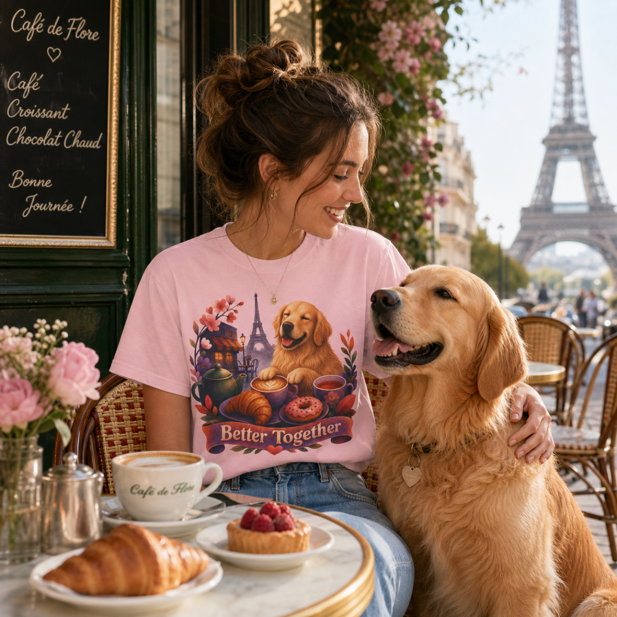 Better Together Golden Retriever T-Shirt | Retro Dog, Coffee & Café Tee