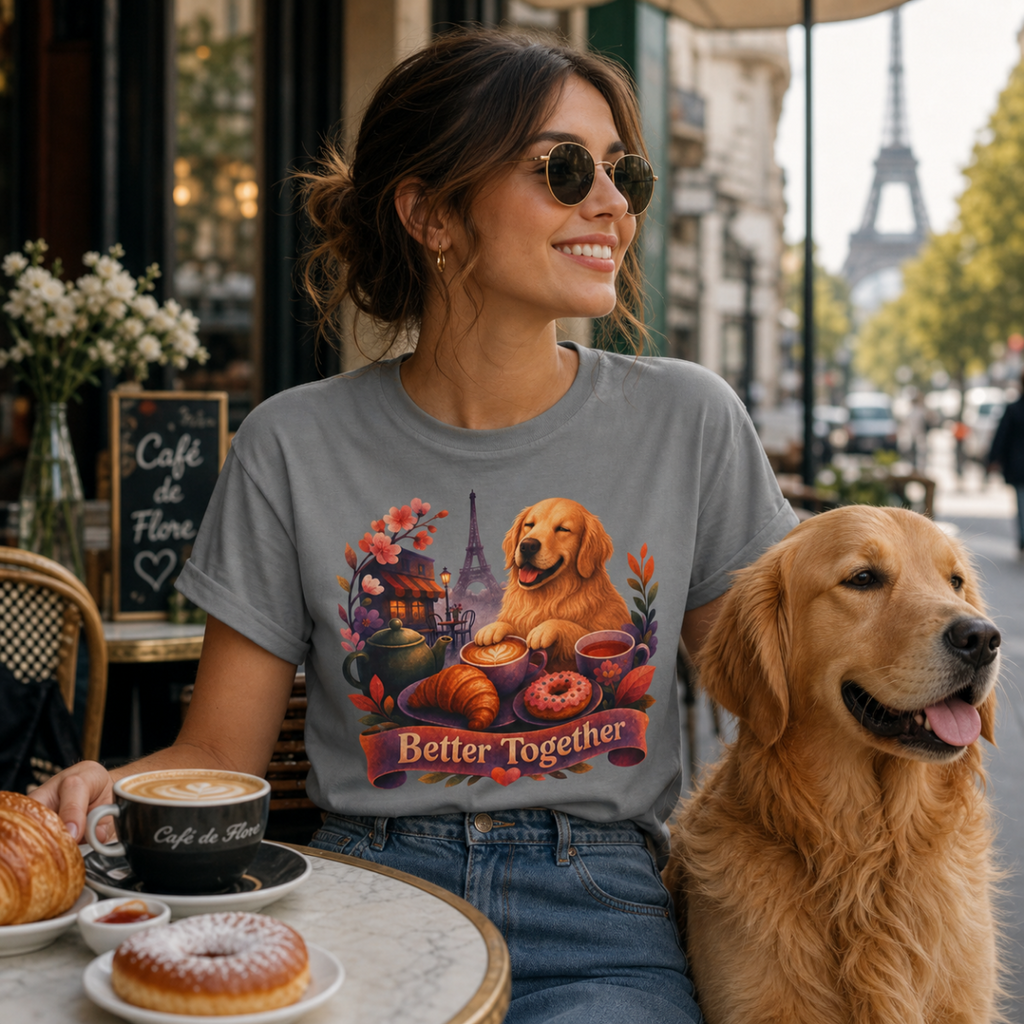 Better Together Golden Retriever T-Shirt | Retro Dog, Coffee & Café Tee