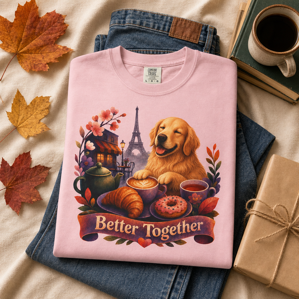 Better Together Golden Retriever T-Shirt | Retro Dog, Coffee & Café Tee