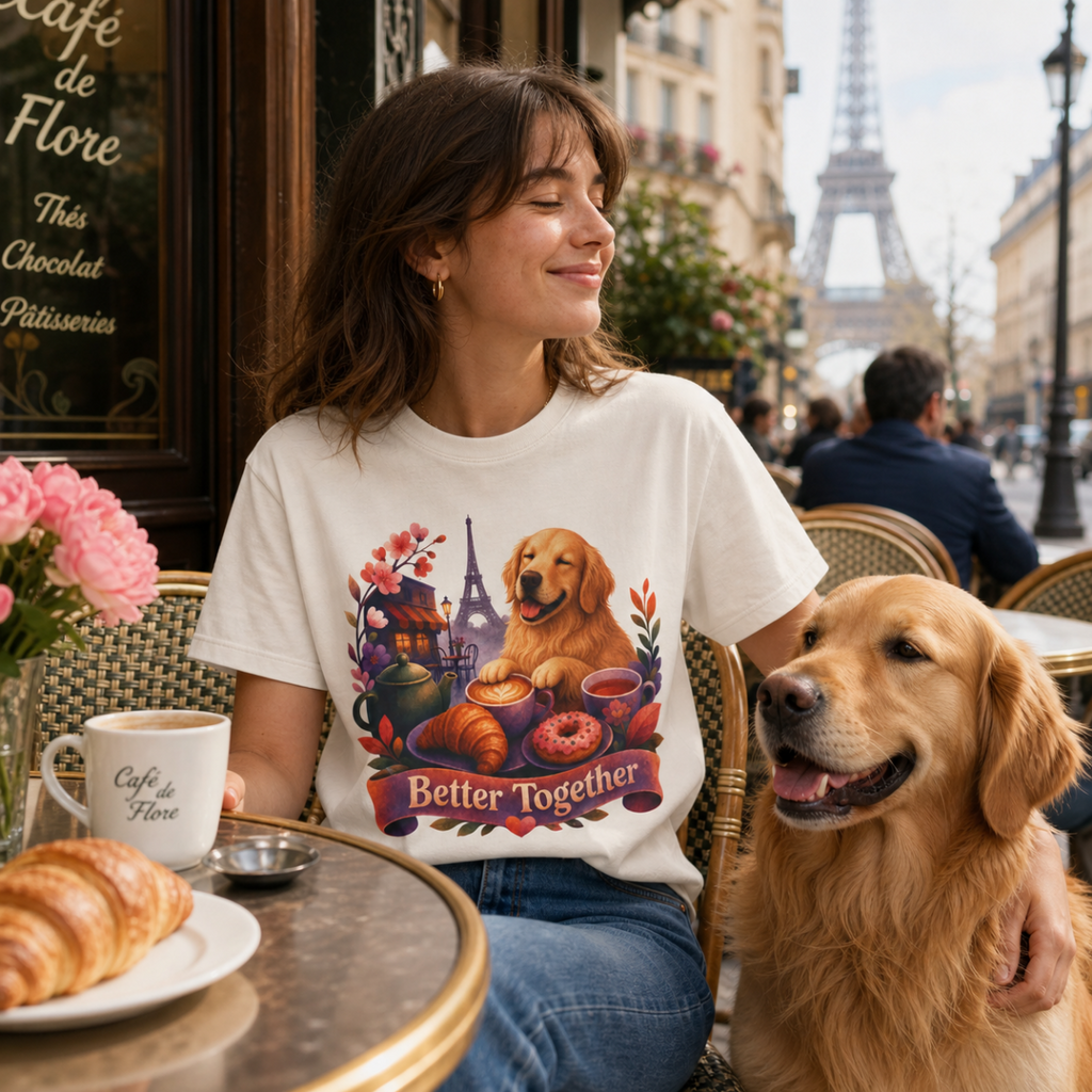 Better Together Golden Retriever T-Shirt | Retro Dog, Coffee & Café Tee