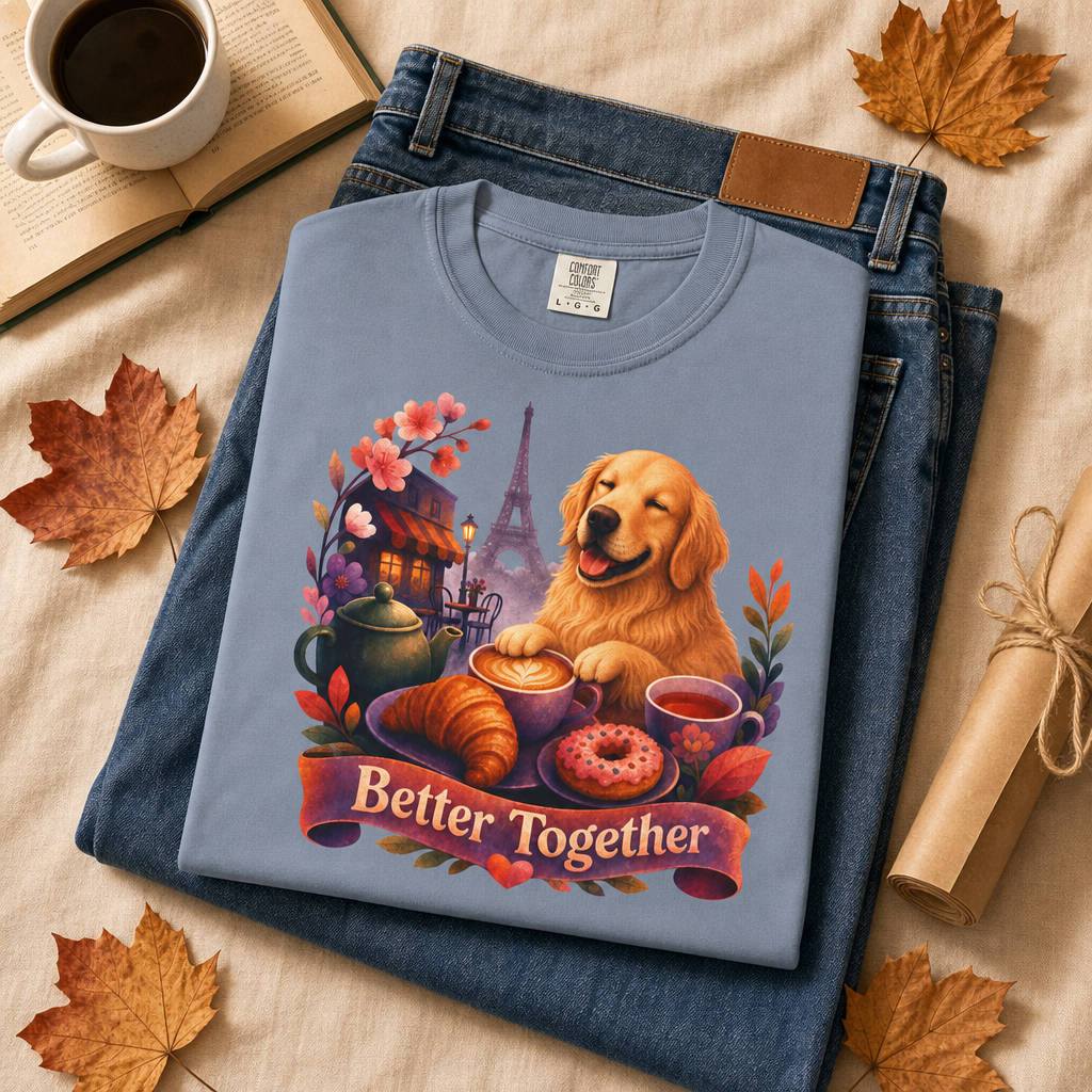 Better Together Golden Retriever T-Shirt | Retro Dog, Coffee & Café Tee