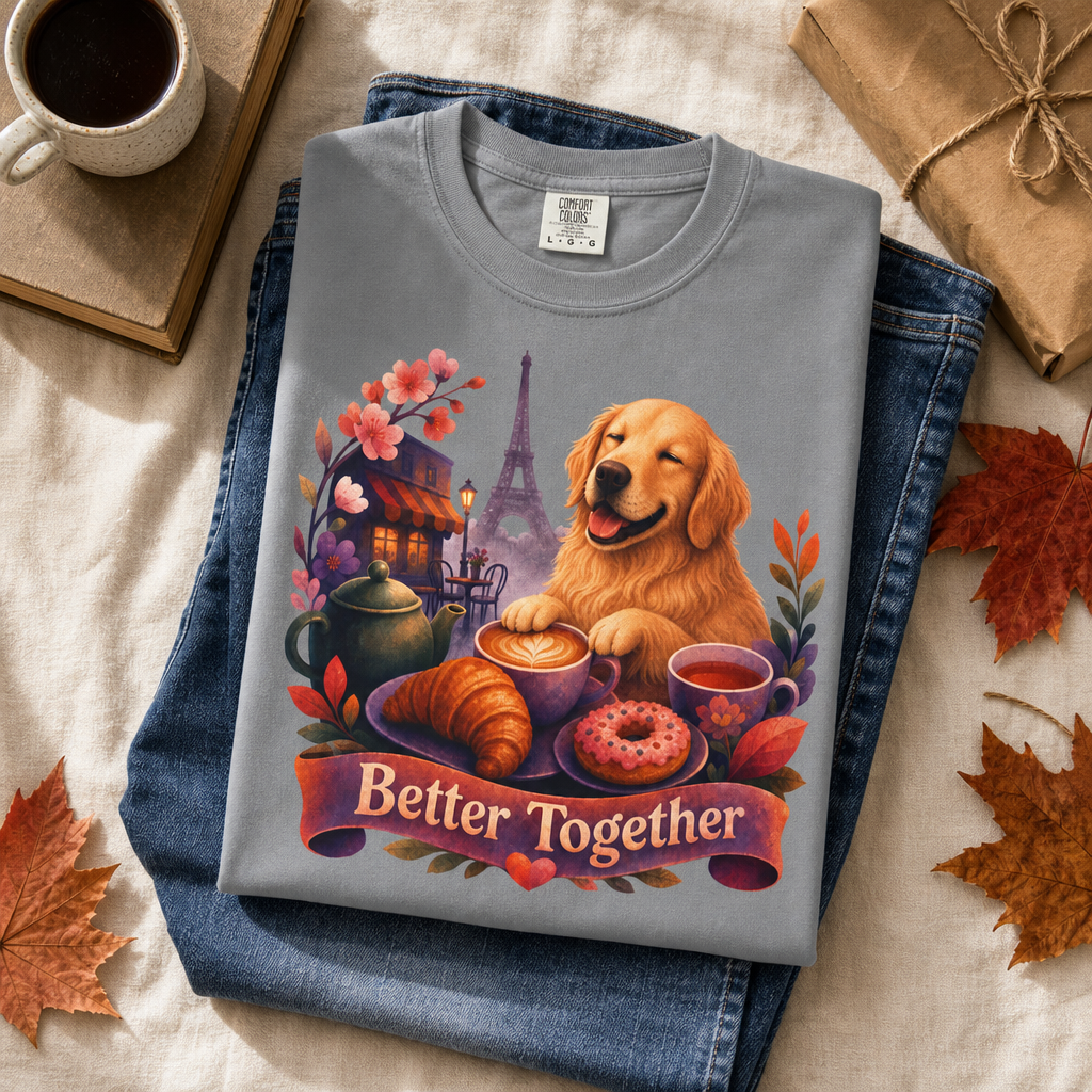 Better Together Golden Retriever T-Shirt | Retro Dog, Coffee & Café Tee