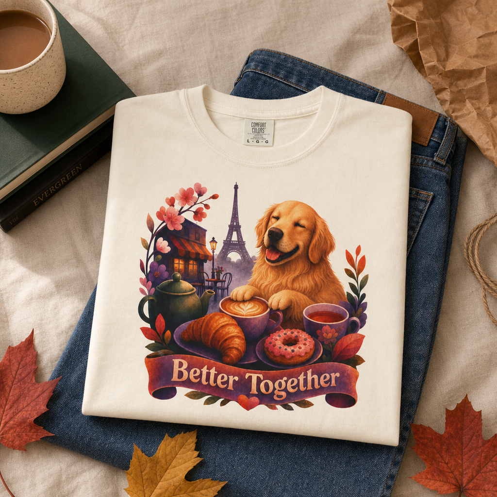 Better Together Golden Retriever T-Shirt | Retro Dog, Coffee & Café Tee