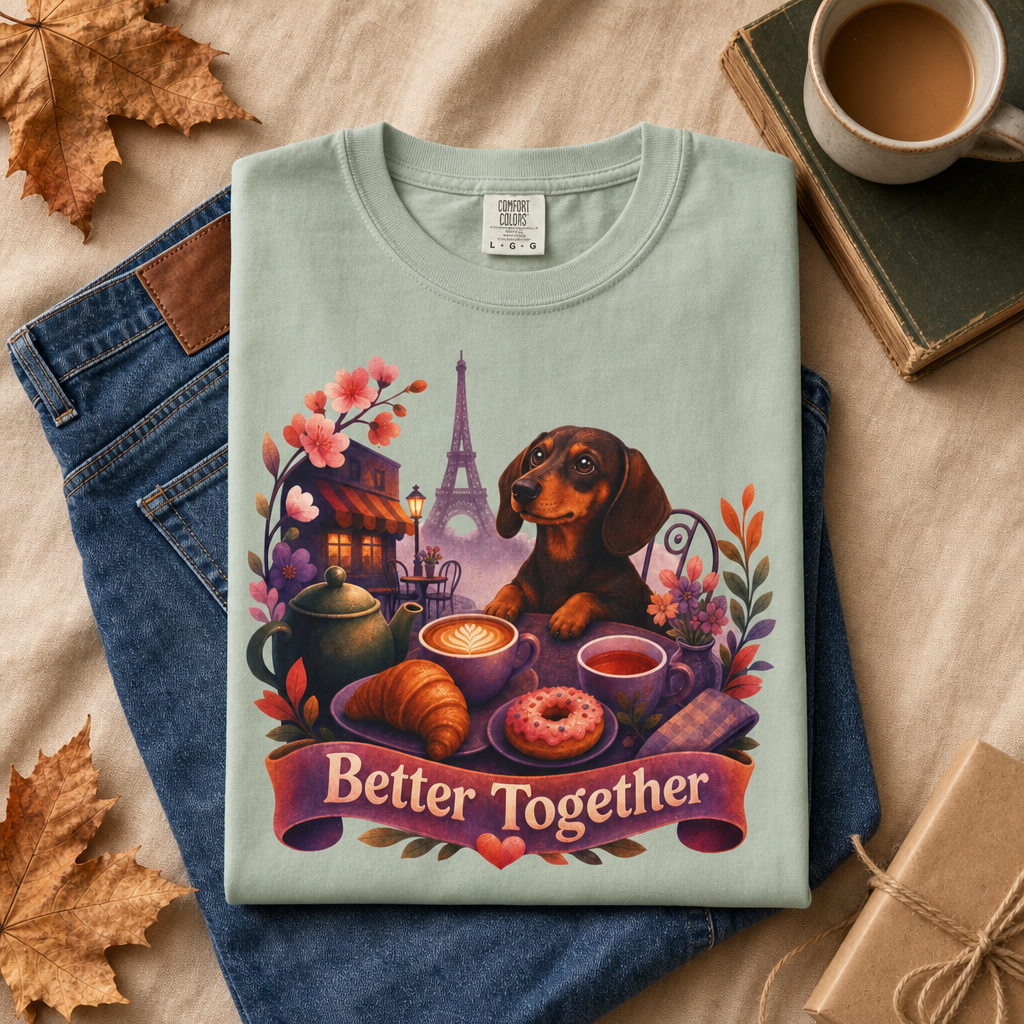 Better Together Dachshund T-Shirt | Retro Dog, Coffee & Café Tee