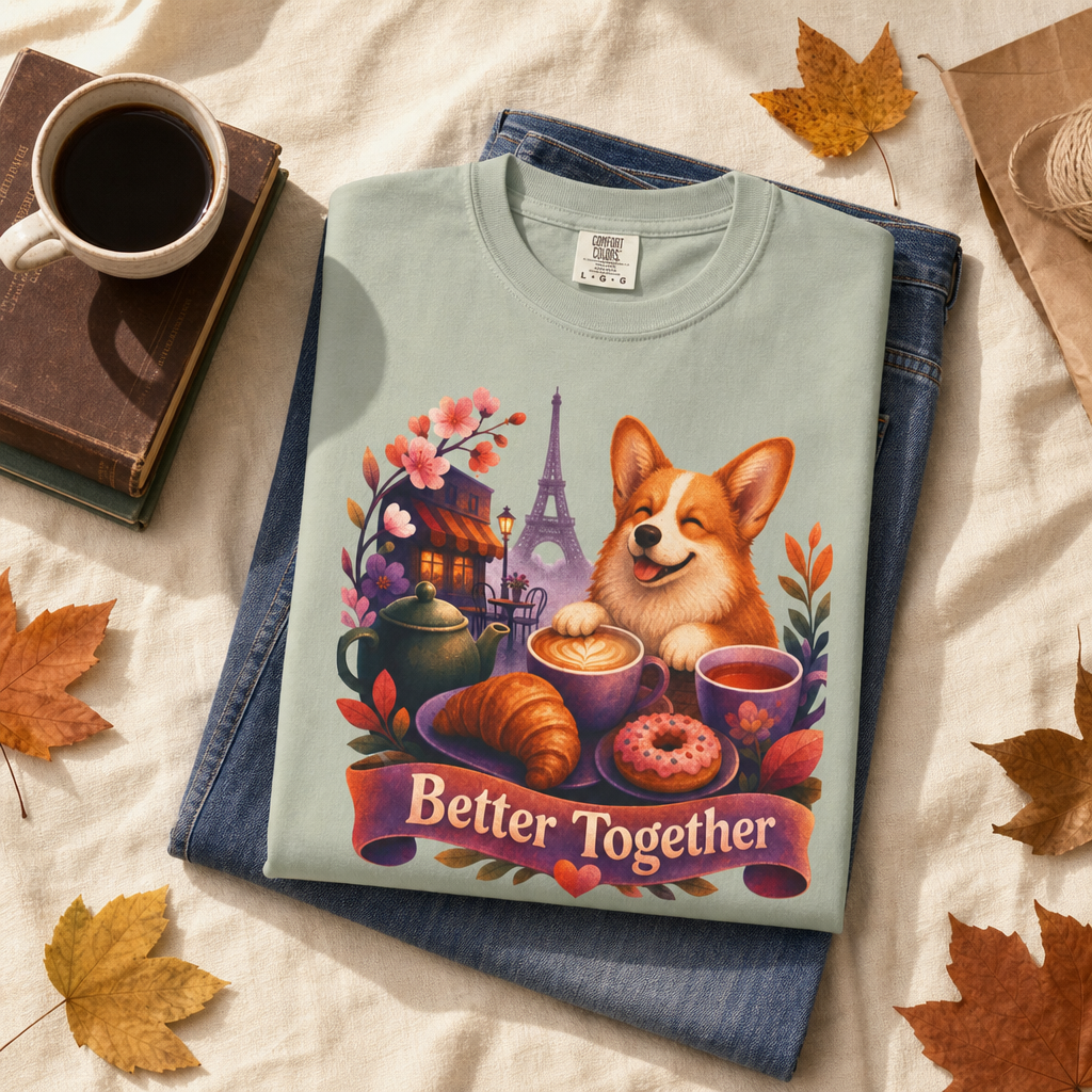 Better Together Corgi T-Shirt | Retro Dog, Coffee & Café Tee