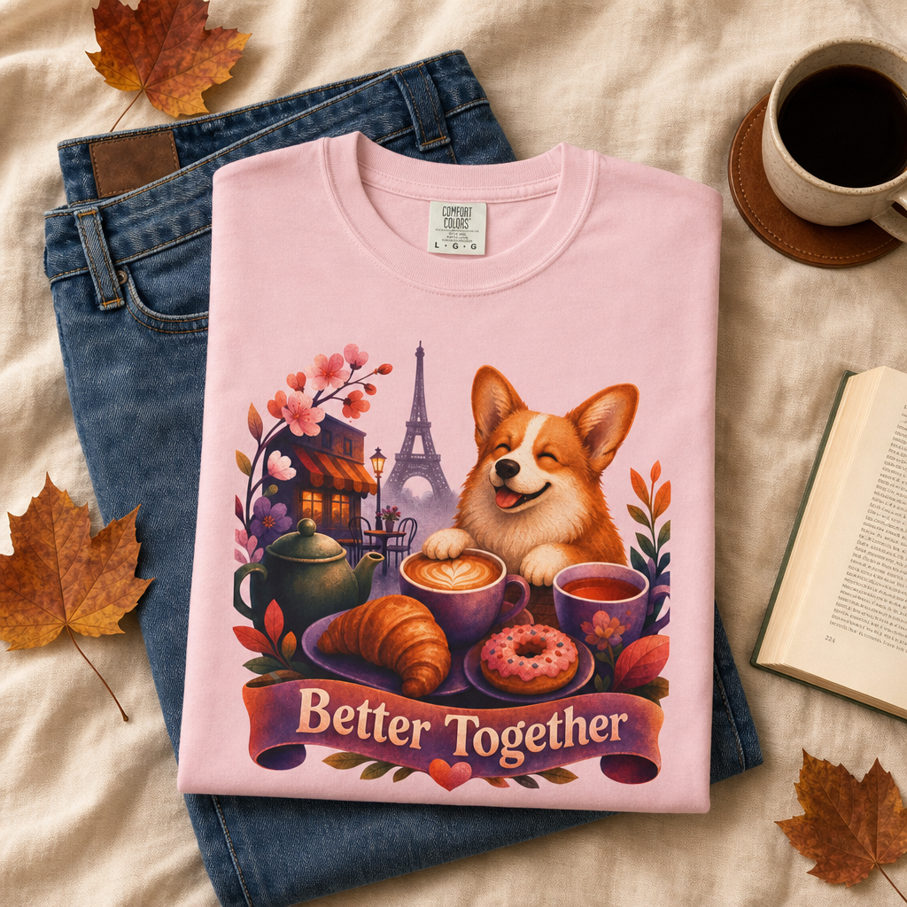 Better Together Corgi T-Shirt | Retro Dog, Coffee & Café Tee