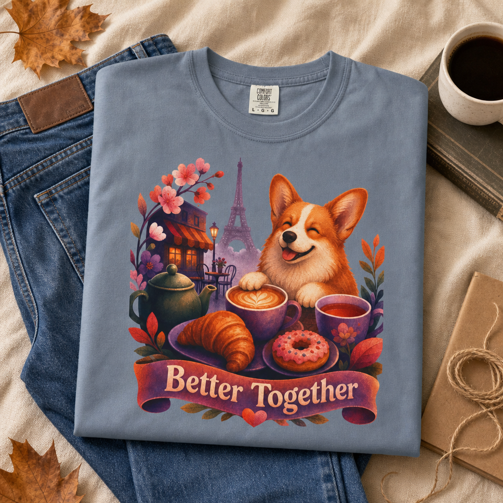 Better Together Corgi T-Shirt | Retro Dog, Coffee & Café Tee