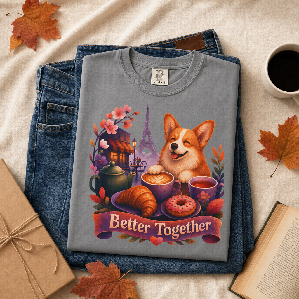 Better Together Corgi T-Shirt | Retro Dog, Coffee & Café Tee