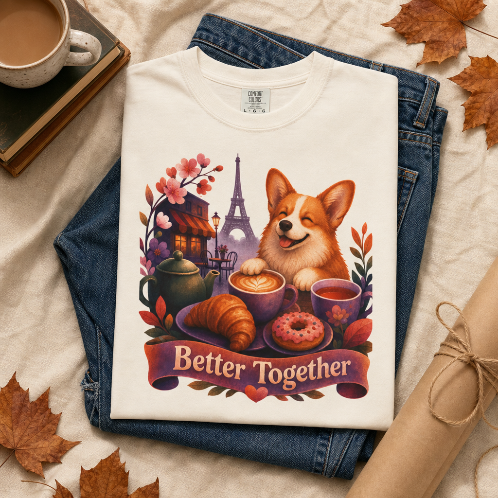 Better Together Corgi T-Shirt | Retro Dog, Coffee & Café Tee